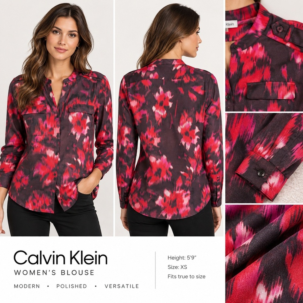 Calvin Klein XS Abstract Floral Print Button Front Blouse Epaulet Long Sleeve